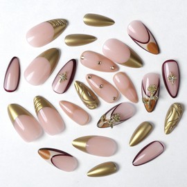 24 Pcs Golden French Press on Nails Long Almond Shaped Fake Nails with 3D Flower Rose Water Droplet Designs Handmade Press on Nails Glossy False Nails Full Cover Acrylic Nails for Women Nail Art DIY