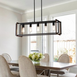 ZCPULS Black Farmhouse Chandelier for Dining Room, Rectangular Linear 5-Light Pendant Lights Kitchen Island Over Table, Rustic Hanging Ceiling Light Fixtures with Wood Grain and Metal for Living Room