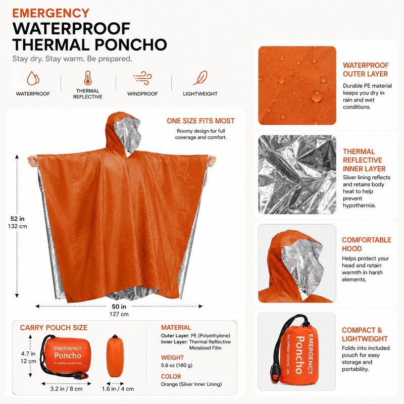 Emergency Rain Poncho for Outdoor Use – Waterproof Thermal Cover