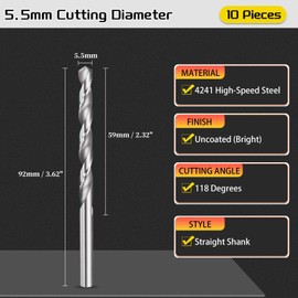 CoCud Drill Bit, 5.5mm Cutting Diameter, 4241 HSS 118° Cutting Angle Uncoated Bright Versatile Jobber Bits - (Applications: for Drilling Plastic Wood Soft Metal), 10-Pieces