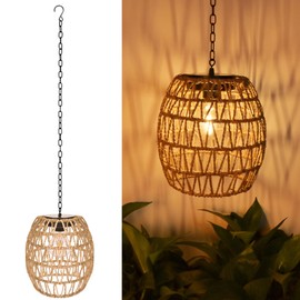 Larekook Hanging Solar Lanterns Outdoor Waterproof, Natural Seeweed Rattan Lantern Bamboo Woven Hanging Pendent Light with Edison Bulb,Solar Chandelier Outdoor Light for Gazebo Garden Porch Patio
