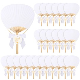 Geelin 24 Set Wedding Fans for Guests with Bow Thank You Card White Paddle Fan Decorative Japanese Chinese Hand Fan for Wedding Bridal Shower Party Favors