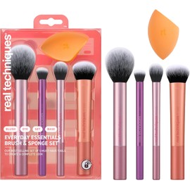 Real Techniques, Everyday Essentials, Set de Brochas de Maquillaje con Esponja Multifuncional, Kit de Accesorios Esenciales, Juego de Brochas para Maquillar Ojos, Mejillas y Rostro, 5 piezas