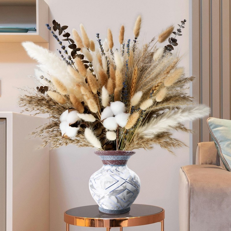 Natural Dried Flower Bouquet - Pampas Grass, Cotton Stems, Bunny