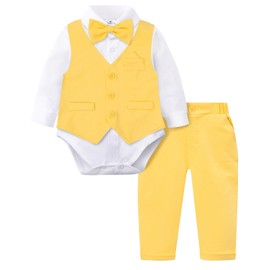 A&J DESIGN Baby Boy Suits Clothes Infant Toddler Formal Gentleman Outfits, Dress Shirt + Vest + Bow Tie + Pants Wedding Set, Yellow, 3-6 Months