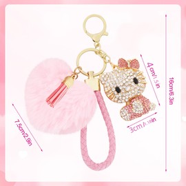 Cute Bling Rhinestone Keychain Gift with Poom Poom Plush Ball Tassel Ornament Durable Accessory for womens Handbag,Carkey (Shine Pink)
