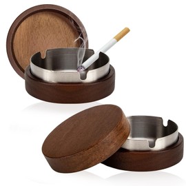CAIJ Outdoor Ashtray with Lid and Stainless Steel Insert, Wooden Ashtray with Odour Protection, Windproof Balcony Ashtray, Ashtray for Home and Office