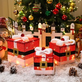 Geelin Set of 3 Christmas Lighted Gift Boxes with Santa Claus Belt in 3 Sizes 60 LED Light up Boxes Under Tree Present Box Decorations for Indoor Outdoor Christmas Tree Door Porch Yard Decor