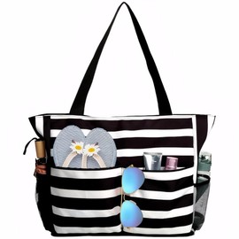 Aieino Large Beach Bag for Women, Foldable Handbag Water Resistant Tote with Mesh Pocket Zipper Shoulder Bag Lightweight Summer Essentials for Travel, Holiday, Shopping, Gym, Casual(Black Striped)