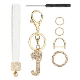 PATIKIL Leather Wristlet Keychain, Crown Design Letter J Keychains with Key Ring and D Ring Car Keys Keychain Decorative Alphabet Key Chain for Bag Backpack DIY, Gold Tone