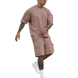 Fastkoala Mens Short Sets Tracksuits Outfits Suit Roll Neck Top & Pant Sweatsuits Gym Joggers Tooling Pocket 2 Pcs Brown XXL