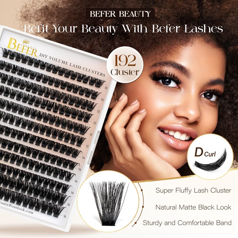 BEFER Lash Clusters, 192 Pcs D Curl Eyelash Clusters 3D