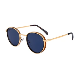 SQUAD Sunglasses for Men and Women Round Metal Size Small Retro with Glasses Case, 3YB026C5 Brown Gold Blue lens