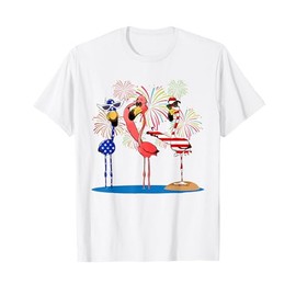 Flamingos And Fireworks Red White Blue 4th Of July American T-Shirt