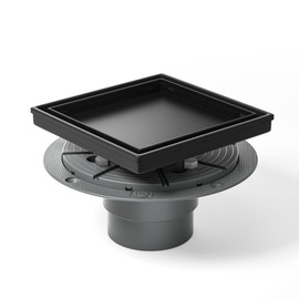 Bernkot Square Shower Drain 6" with 2" PVC Flange Base, 304 Stainless Steel Tile in Floor Drain w/Tiled Insert Grate & Hair Catcher, CUPC Certified(Matte Black, 6'')