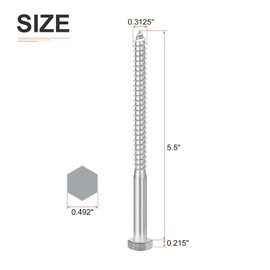 DTGN 5/16" x 5-1/2" Hex Lag Bolts - 5 Pack - for Woodworking, Furniture - 304 Stainless Steel Partial Thread Hexagon Head Lag Screws for Wood - Silver