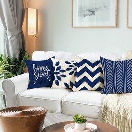 ZWJD Cushion Cover 40 x 40 cm, Set of 4 Decorative Cushion Covers, Outdoor Cushion Covers, Linen Decorative Cushion for Bedroom, Sofa, Chair, Bed, Garden (40 x 40 cm, Dark Blue)