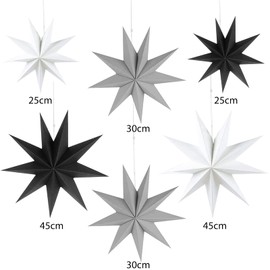 HBSTK 6 x Folding Star Christmas Paper Stars 9 Points Folding Stars Paper 3D Stars for Decoration of Window Christmas Tree Advent 2 x Diameter 25 cm, 2 x Diameter 30 cm, 2 x Φ45 cm (Black, White,