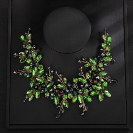 Teyglen Crystal Wedding Hair Vine Bridal Green Rhinestone Beads Headband Handmade Red Pink Blue Black Flower Hair Pieces Vinatge Headpieces Wedding Hair Accessories for Women Bride Girls (Green)