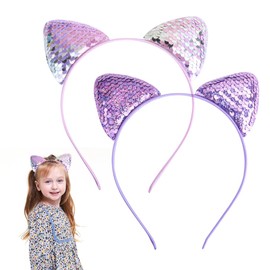 OUDQFCJ Cat Ears Headband Set, 2 Pieces Glitter Cat Hair Hoops Metal Cat Ears Headband Sequins Cat Ears Headbands Girls Hair Accessories for Birthday Party Cosplay