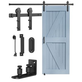 Titeck Barn Door Hardware Kit -6.6FT Sliding Door Hardware with Adjustable Floor Guide, 2 Handles and Latch -Fit 36''-40'' Wide Panel, I Shape Hanger, Black