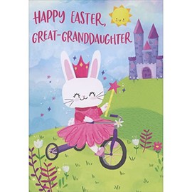 Designer Greetings Princess Kitten Holding Star Wand While Riding Bicycle Near Purple Castle Juvenile Easter Card for Great-Granddaughter