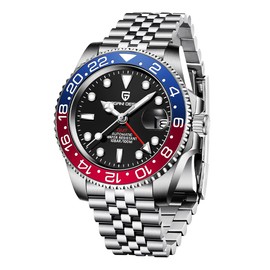Pagani Design Men's GMT 100 Meter Water Resistant Ceramic Bezel Sapphire Glass Luminous Hands Wrist Watch (Jubilee-Blue Red)