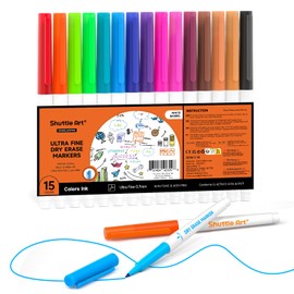 Shuttle Art Ultra Fine Tip Whiteboard Pens, 15 Colours Whiteboard Markers Erasable, 0.7mm Felt Tip Dry Wipe Pen for Writing on Whiteboard, Dry Erase Board, White Board Markers for School Office Home
