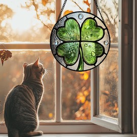 AMDERVEN Stained Glass Window Hanging, Green Silver 4 Leaf Clover Sun Catcher for Window Door Home Decor Plant Suncatcher Christmas Mother's Day Birthday Gifts for Women Men Mom Nana 15 in
