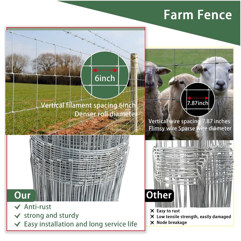 Livestock Fence, 4ft x 164ft Galvanized Cattle Fence, Heavy Zinc