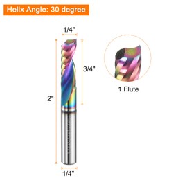 sourcing map Spiral Router Bit 1/4" Cut Dia 1 Flute Up Cut Colorful Coated End Mill Bits Milling Cutter for Wood Carving (1/4" Shank 3/4" Cut Length 2" Long 30 Degree Helix HRC44-46)