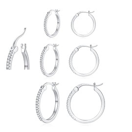 EPVOA Women's Silver Hoop Earrings, 3 Pairs Silver Hoop Earrings with AAA+ Cubic Zirconia, Small Sleeping Hoop Earrings Hoop Earrings Set for Women 13/15/20 mm, Metal