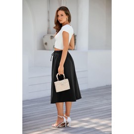 TASAMO Pleated Midi Skirts for Women with Pockets, Elastic High Waisted Skirt Womens Summer Skirts Trendy Black