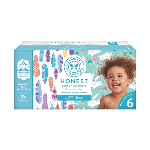 The Honest Company Super Club Box Diapers with TrueAbsorb Technology, Painted Feathers & Bunnies, Size 6, 88 Count