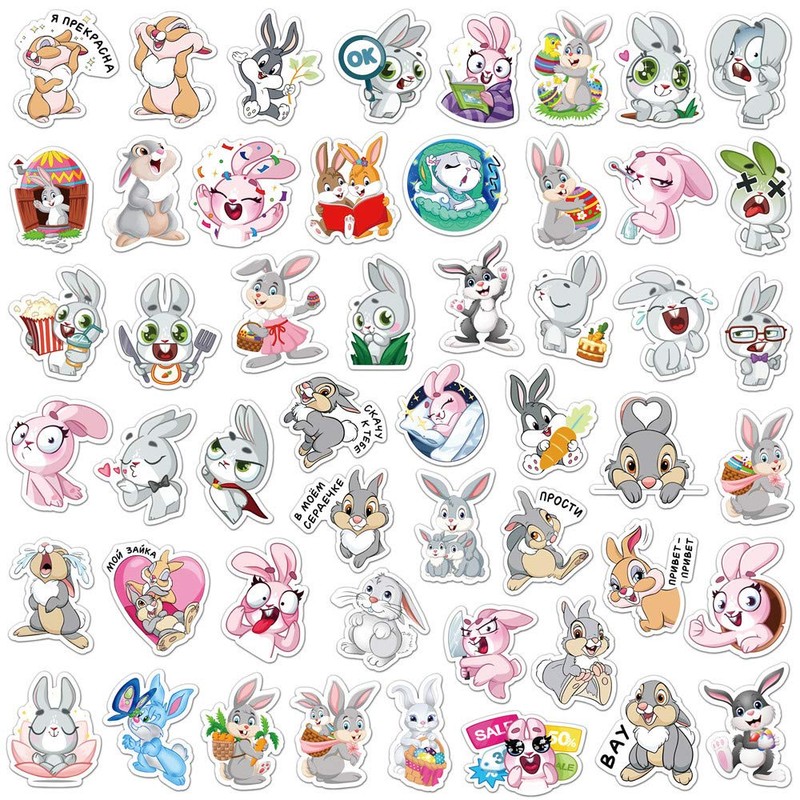 AUCEKO 50PCS Multicolor Cartoon Rabbit Stickers, Vinyl, Glossy, Waterproof, Reusable,