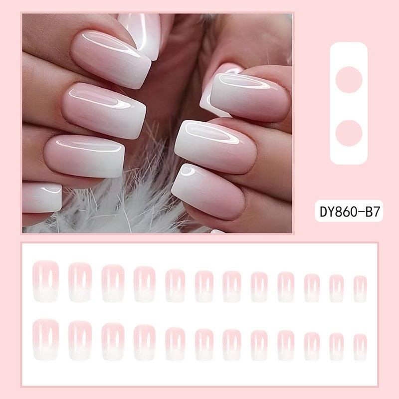 Pink White Ombre Press on Nails Meidium Fake Nails Square