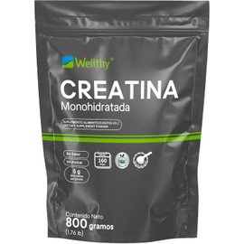Wellthy Creatina Monohidrata 800g. 100% Pura, Sin Sabor, Sin Azúcar, 5g de Creatina por porción, 160 días de Consumo, Scoop Incluído, Bottle Free.