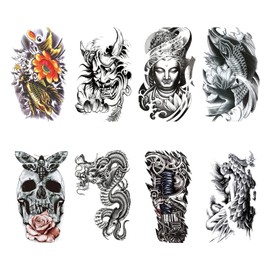 YOUSHY Tattoo Stickers, Large, Japanese Carving, Long Lasting, Waterproof, Stylish, Cool, Japanese Pattern, Men's, Women's, 5.9 x 8.3 inches (15 x 21 cm), C (Hybrid Series - 8 Pieces))