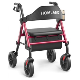 HOMLAND Walkers for Seniors with Seat, Foldable Rollator Walker, Reinforced Aluminum Frame, 8" Big Rubber Wheels for All Terrain, Height Adjustable Lightweight Rolling Walker