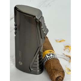 FC global Premium Luxury Cigar Lighter, Windproof Blue Flame, Triple Jet Flame, Gas Butane Refillable Turbo Torch Lighter with Cigar Punch and Butane Window, Black Nickel Drawing, ZB-581