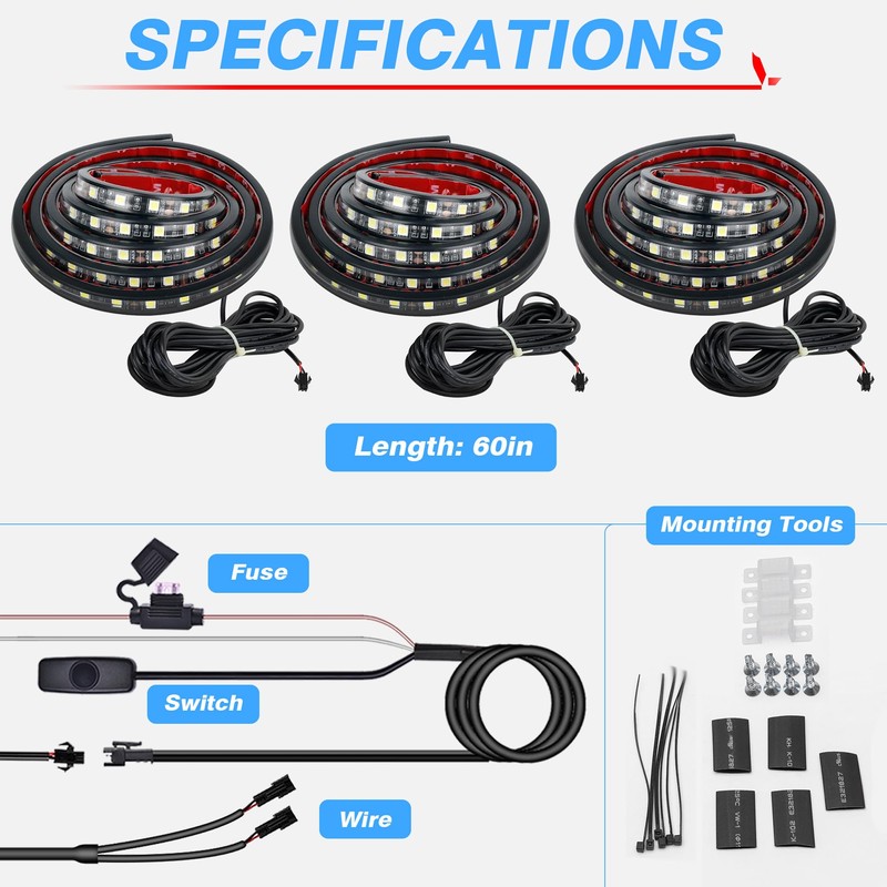 MICTUNING 3Pcs 60 Inch Truck Bed Lights - White Waterproof