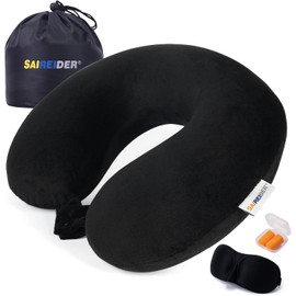 SAIREIDER - Almohadas de cuello para viajes, 100% espuma viscoelástica ajustables, con bolsa de almacenamiento, máscara para dormir y tapones para los oídos, evita que las cabezas se caigan hacia