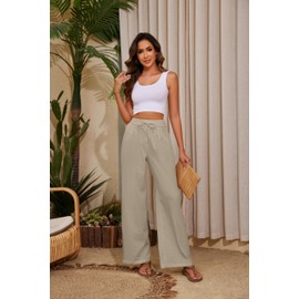 KICZOY Women Summer Pants Flowy Pants Drawstring Waist Wide Leg Palazzo Beach Pants Loose Fit with Pockets Beige