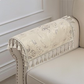 TOPLUXE Sofa Armrest Covers, Set of 2, Non-Slip Armrest Protectors with Tassels, Damask Furniture Protector for Armchair, Couch, Relaxing Chair, 50 x 60 cm (Beige)