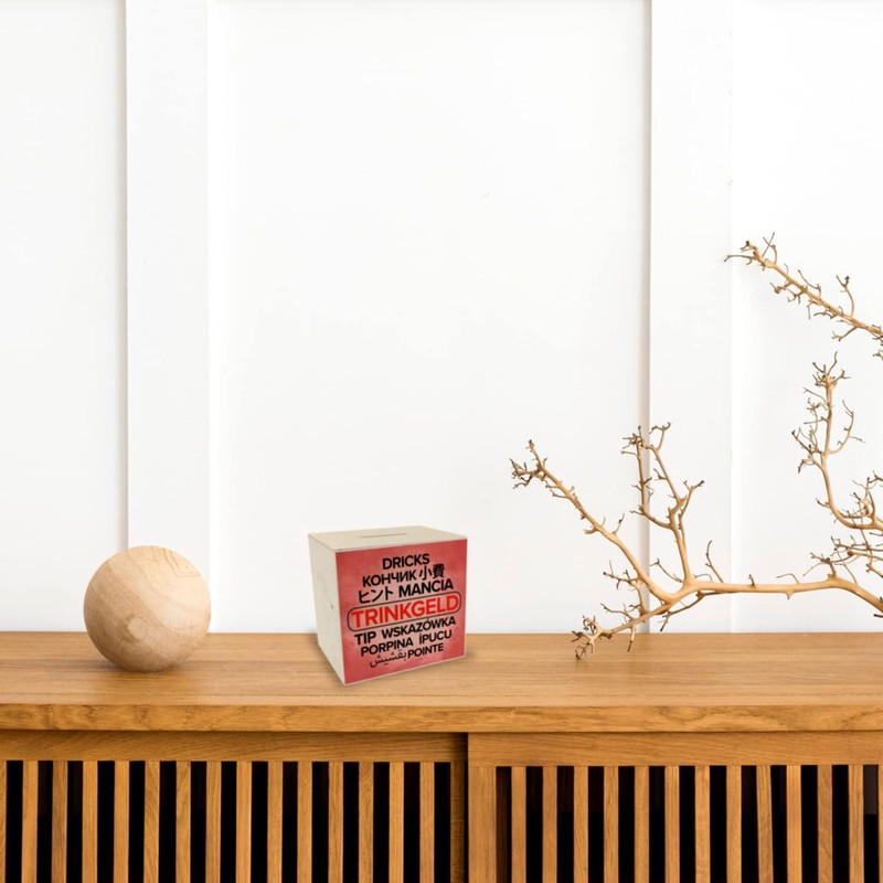 Wooden Money Box in Various Languages in Red Money Box