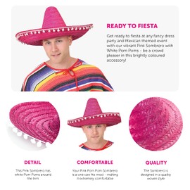 Pink Mexican Sombrero - Pack of 1 - Straw Sombrero with White Pom Poms - Straw Hat Fancy Dress Costume Ideal for Hen/stag Night, Summer, Beach Party, Wholesale Bulk