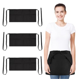 ZOCONE 3 Pack Black Waitress Apron with 3 Pockets, Short Waist Apron Half Apron with Pockets 60x30 cm Black Aprons Catering Waist Apron with Pockets for Cleaning Cooking Baking Waiter Chef-Unisex