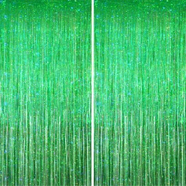 KERNOWO Tinsel Curtain, Green Glitter, Pack of 2 Party Curtains, Streamers Fringe, Birthday Photo Background Decoration for St Patrick's Day, Ireland, Mallorca, Hawaii, Aloha, Football, Birthday