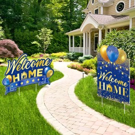 2PCS Welcome Home Outdoor Yard Sign Decorations Blue Gold Welcome Lawn Sign with Stakes Homecoming Sweet Home Sign Supplies for Family Housewarming Welcoming Party Homecoming Yard Garden Outside Decor