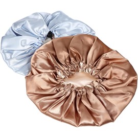 HEALLILY Gorros Para Dormir De Satén Doble Capa 2 Piezas Turbante Flexible Ajustable Para Mujer Niña Uso Nocturno Viaje Colores Caqui y Azul Claro